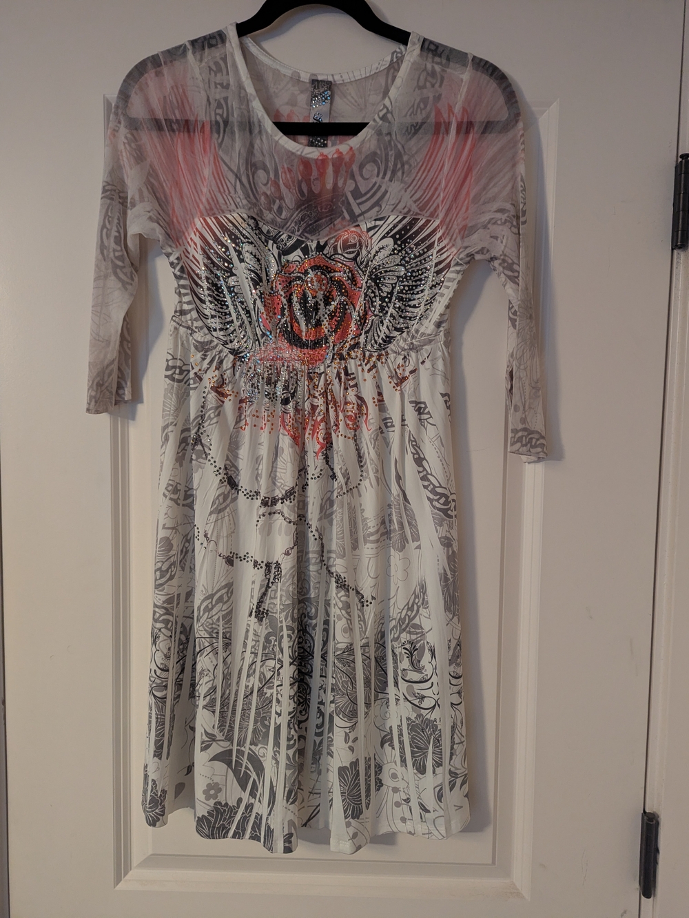S-Twelve White Floral Winged Rose Midi Dress with Coral Accents